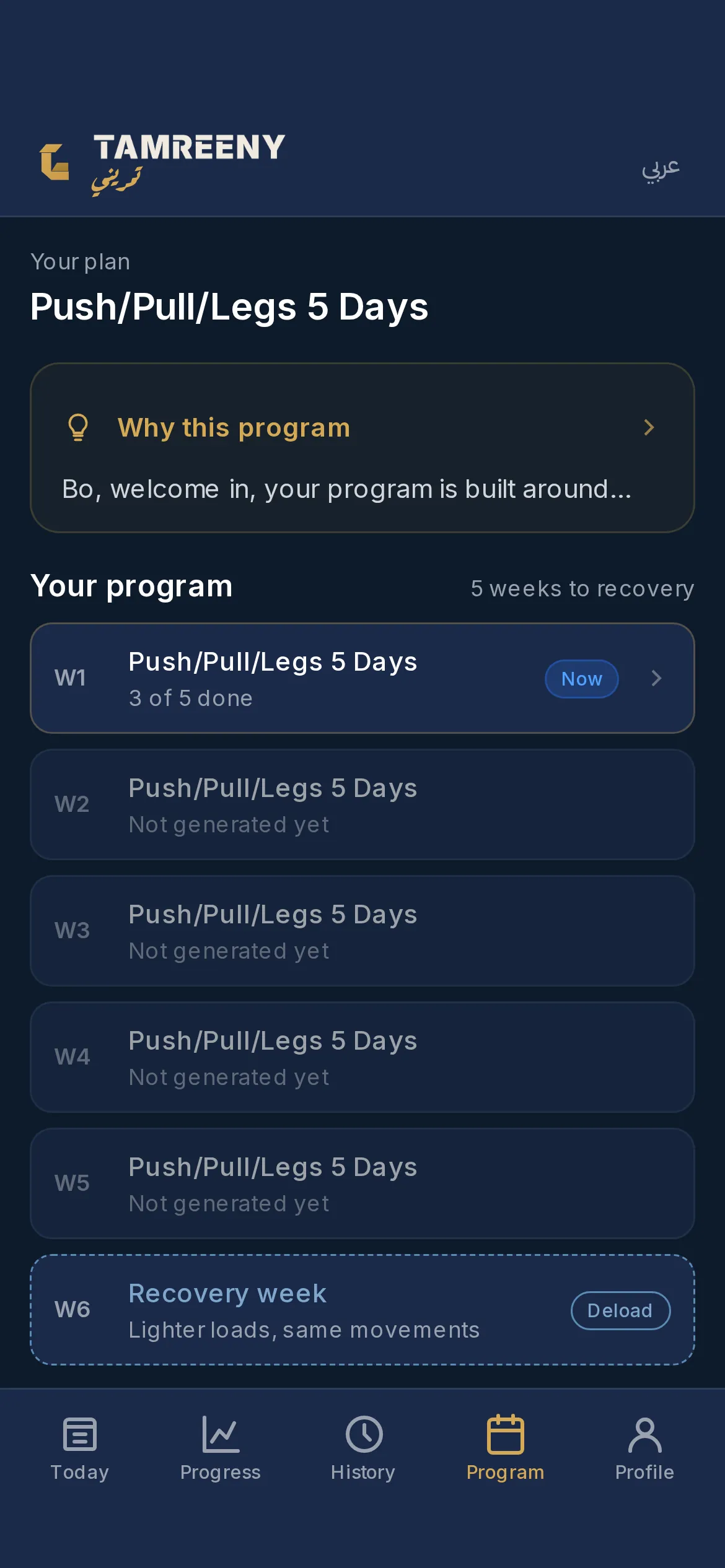 The Program tab: a Push, Pull, Legs plan over five days, the weeks ahead, and a recovery week at the end