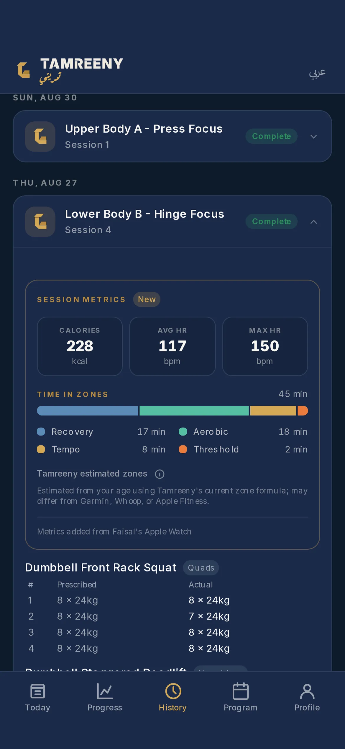 A completed session opened in History with its watch metrics attached: calories, average and max heart rate, and a time-in-zone bar with the minutes in each zone, above the session's logged sets