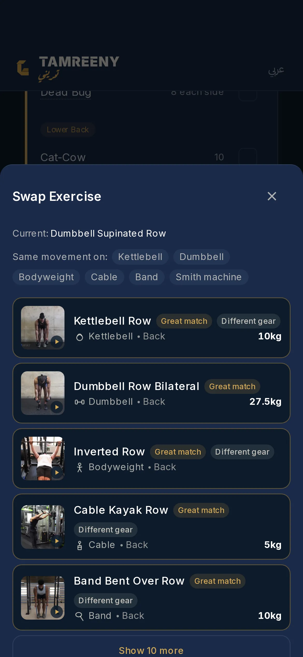 The swap sheet: the current exercise, filters for the equipment on hand, and ranked alternatives each with its target muscle and a suggested weight