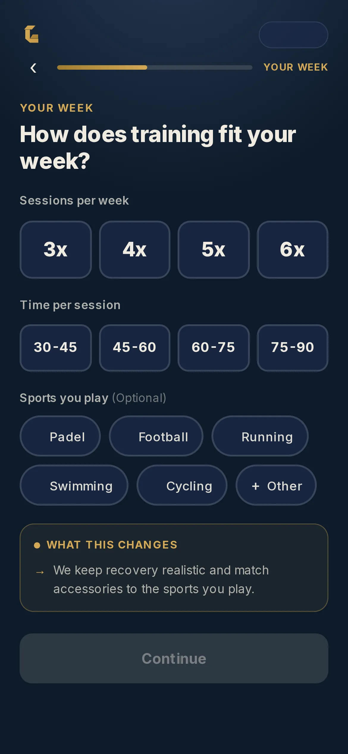 The consultation step asking how training fits your week: sessions per week, time per session, and the sports you play
